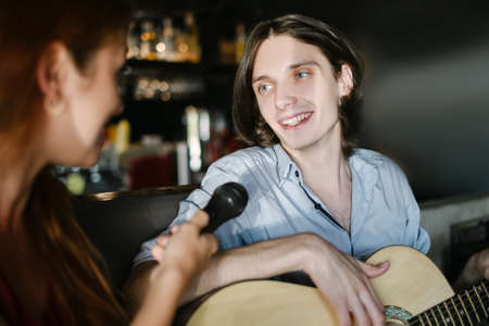 broadcaster takes interview. story coverage. journalism media information communication conceptの写真素材