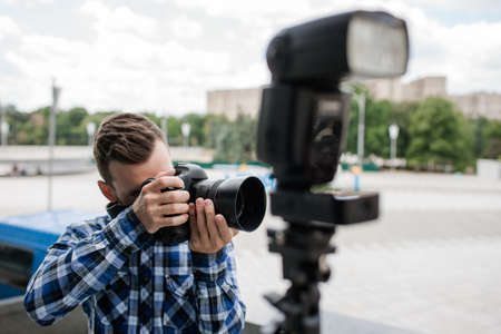 photography equipment camera flash. backstage photographer lifestyle concept