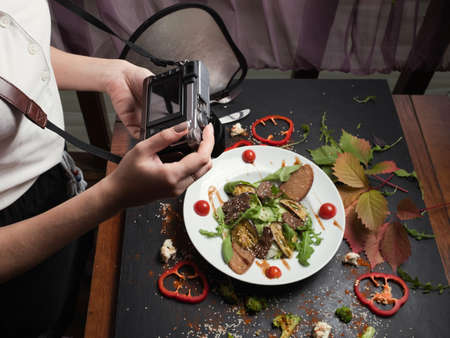 food blogger backstage working process. special equipment. proper nutrition. active lifestyle.の写真素材
