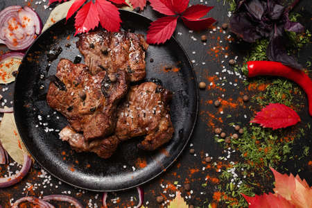 juicy fried meat georgian cuisine concept. well done roasting. traditional kitchen.の写真素材