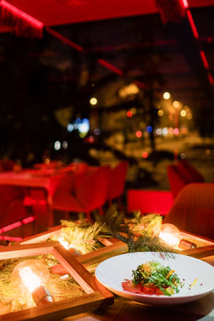 Vegetarian meal. Festive holiday dinner. New year restaurant menu. Free space concept