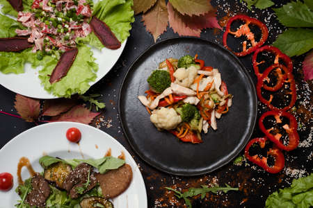 restaurant delicious meals assortment. wide dish choice. lifestyle of gourmet.の写真素材