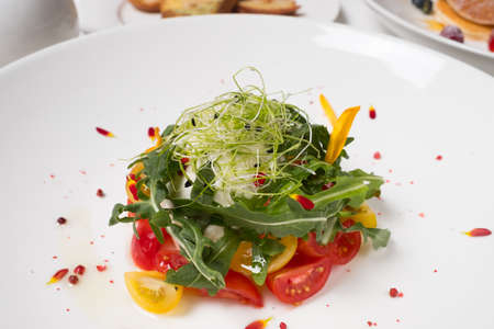 Healthy balanced eating. Vegetable salad. Vegetarian food background. Haute cuisine conceptの写真素材