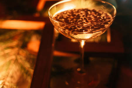 champagne glass. Festive christmas holiday beverage. Fun joy and celebration. Alcohol addiction conceptの写真素材
