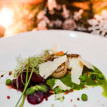 New year festive meal closeup. Exquisite restaurant holiday menu. Healthy eating conceptの写真素材
