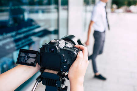 photography equipment dslr camera backstage photographer lifestyle conceptの写真素材