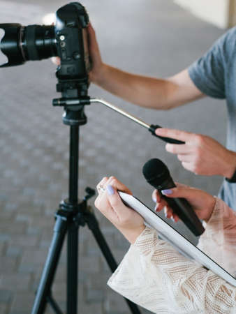 modern video filming equipment. contemporary devices in creating quality content for vlogs or tv programmes conceptの写真素材