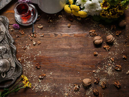 Creative food turkish cuisine background. Wooden texture. Tea and dessert conceptの写真素材