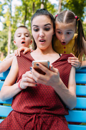 Stunning news family park surprised concept. General astonishment. Improper pop-up ads concept