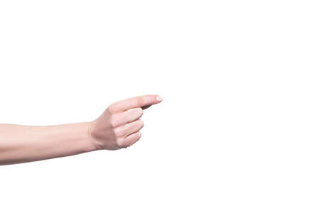 Woman hand holding a business card, credit card or paper isolated on white backgroundの写真素材