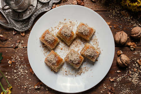 Food pastry background. Turkish traditional baklava dessert and tea concept