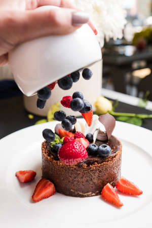 professional decoration confectionery dessert concept. working process. delicious chocolate cake.