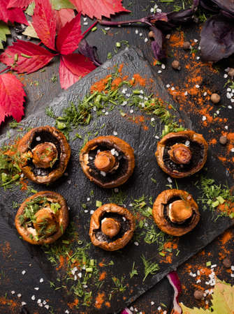 ready made delicious grilled mushrooms. dish of vegan restaurant. proper nutrition lifestyle.の写真素材