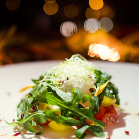 Vegetarian meal. Vegetable salad closeup. Festive holiday dinner. New year restaurant menu concept