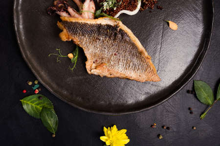 ready made healthy delicious seafood concept. restaurant recipe. lifestyle of rich people