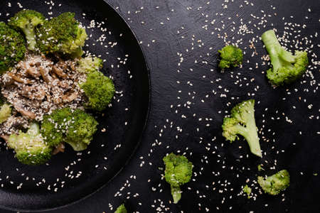 spring salad. vegan food on dark background. proper nutrition restaurant. free space concept.の写真素材