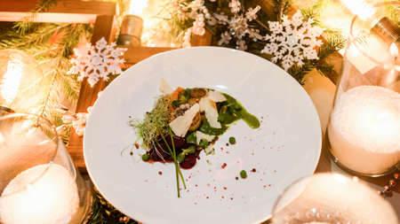 New year festive meal. Exquisite restaurant holiday menu. Healthy eating concept