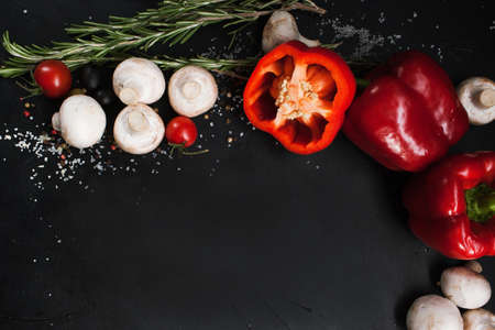 food photography. organic vegetable assortment spices mix background. healthy vegetarian lifestyle conceptの写真素材