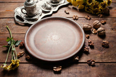 Rustic empty plate. Creative wood background conceptの写真素材