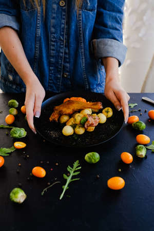 restaurant serving chicken leg dish concept. culinary art. delicious and hearty meal. food lovers.