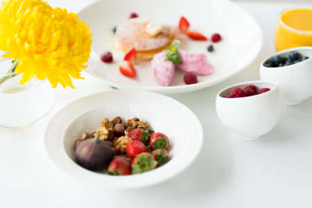 Balanced natural organic breakfast. Healthy wholesome nutrition conceptの写真素材