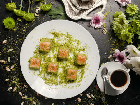 Baklava traditional oriental dessert. Coffee and turkish pastry breakfast conceptの写真素材