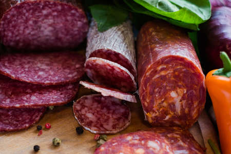 Assortment of processed meat products. Delicious food to make tasty sandwiches conceptの写真素材