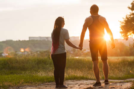 Love couple hold hands together nature concept. Traveler leisure. Active lifestyle.