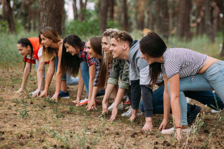 Low start leisure activity, women competitions concept.  Sport game on the nature.