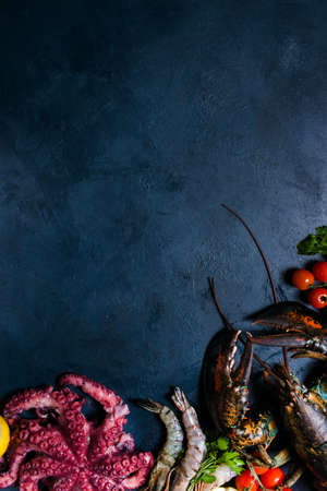 Seafood mix dark  e background concept. Culinary delights. Proper nutritionの写真素材