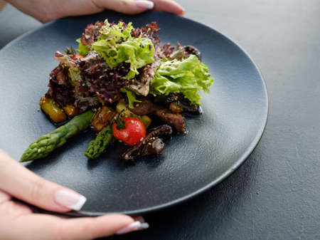 diet food meal. Fresh herb salad for weight loss. Low calorie dish for healthy and fit bodyの写真素材