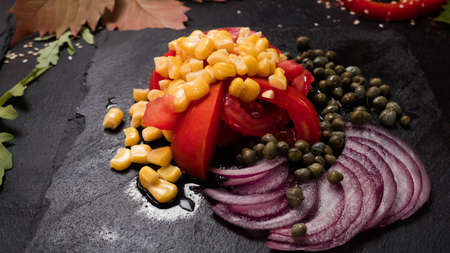 cooking recipe of vegan salad. food ingredients. proper nutrition lifestyle.の写真素材