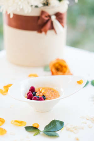 Morning delicious snack food granola oatmeal concept. Traditional american breakfast. Proper nutrition lifestyle.の写真素材