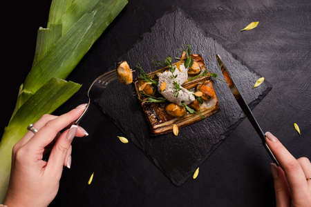 Delicious restaurant eating gourmet pate concept. Food delicacy. Tasting luxury dishの写真素材