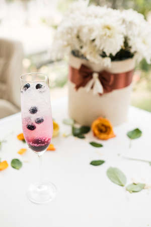 Morning alcoholic cocktail party birthday concept. Festive atmosphere. Currant beverageの写真素材