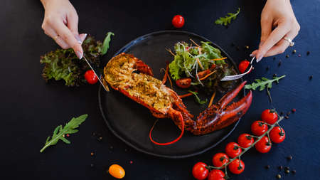 tasting restaurant stuffed lobster dish concept. lifestyle of high society. delicious and expensive food. proper nutrition.の写真素材