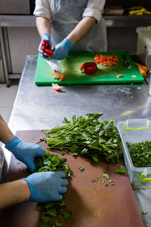Cutting herbs for a salad. Green fresh parsley. Proper nutrition, vegan eating conceptの写真素材