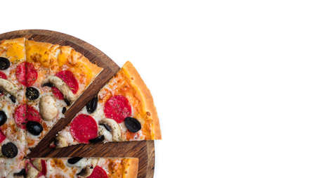 traditional italian food. crusty pizza with pepperoni mushroom olives on white contrast background. balanced nutrition and diet conceptの写真素材