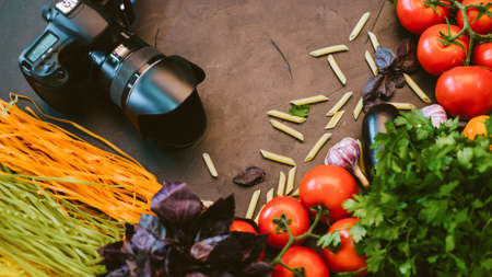 Food photography. Italian restaurant advertisement. Professional digital camera vegetables pasta.の写真素材