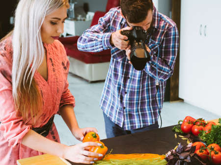 Food photography. Restaurant advertising. Creative team shooting vegetables pasta at studio.の写真素材