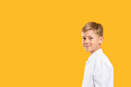 Confident child portrait. Back to school. Smart boy in white shirt smiling isolated on orange copy space.の写真素材