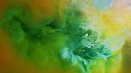 Color splash. Ink water explosion. Fantasy smoke. Bright green yellow blue orange fluid haze paint wave mix flow abstract art background.の写真素材