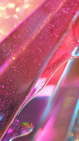 Color sparkles. Shiny overflows. Pink liquid lights on glass oil texture background with blurred golden bokeh beams abstract overlay empty space.の写真素材