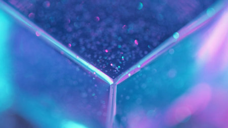 Neon cube. Bokeh light. Defocused fluorescent blue pink purple color glow flare glass prism texture geometric abstract background.の写真素材