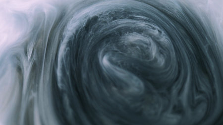 Paint water swirl. Monochrome ink. Dark smoke. Black white gray silk spiral flowing motion haze cloud acrylic art abstract backgroundの写真素材
