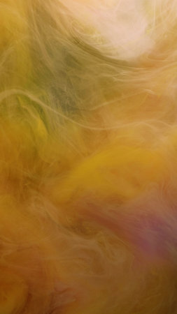 Smoke mix. Ink water flow. Fluid art. Bright yellow purple white green color cloud texture liquid...