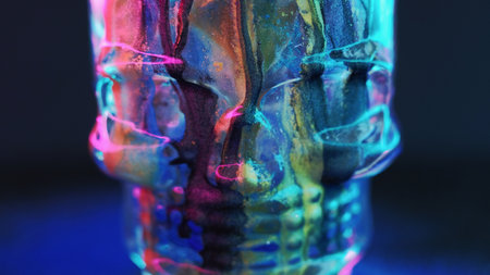 Neon skeleton. Glitter paint skull. Cyber death. Defocused fluorescent pink blue color glowing ink...