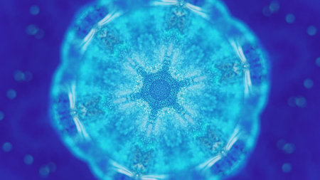 Winter mandala. Magic paint pattern. Defocused neon blue purple color glowing liquid splash sparkling snowflake symmetric ornament abstract art background.の写真素材
