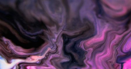 Glitter ink splash. Fluid spill. Defocused purple black color shiny particles marble texture liquid...