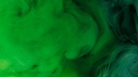 Green fume. Paint splash water. Defocused neon color shimmering particles texture smoke explosion wave abstract art background.の写真素材